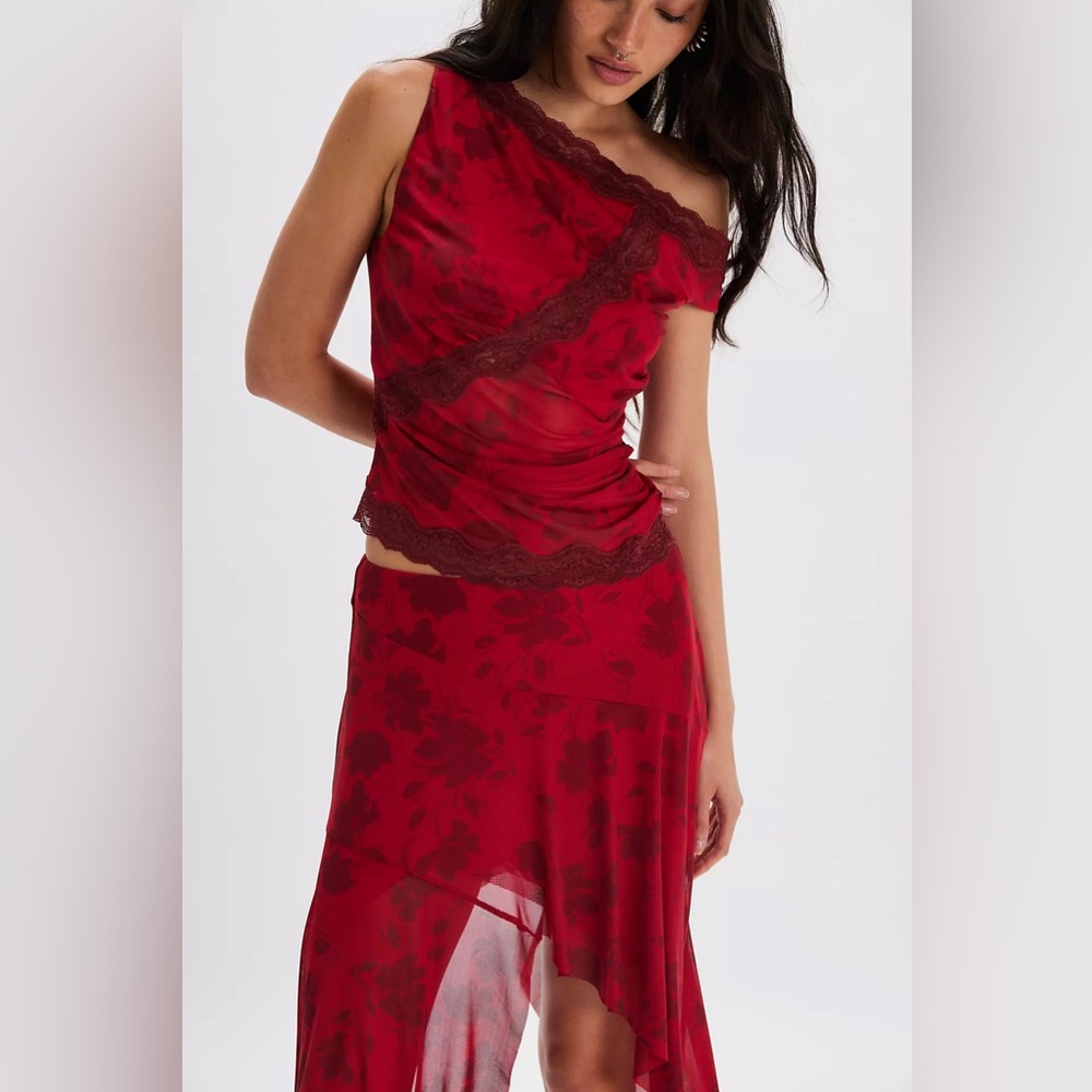 Free People Floral Mesh Lace Two-Piece Set Asymmetrical Skirt One-Shoulder Top